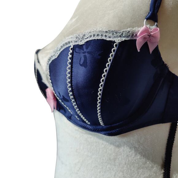 Vintage Victoria Secret Sz 34C Sexy Little Things Blue Pink Bow Balconette Bra - Picture 2 of 7